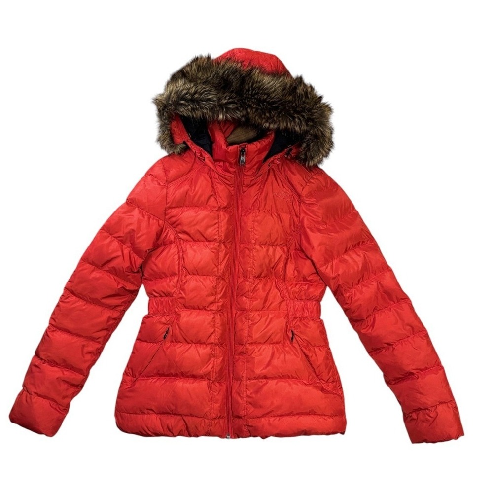 The North Face Womens Gotham 550 Down Jacket S Red Faux Fur Hood Puffer Parka